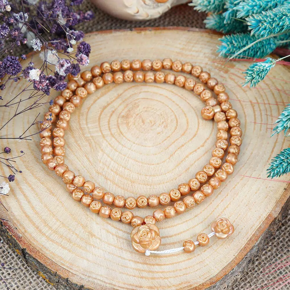10 Pieces Kokulu Prayer Beads Gold Rose Embroidered - Kutusuz