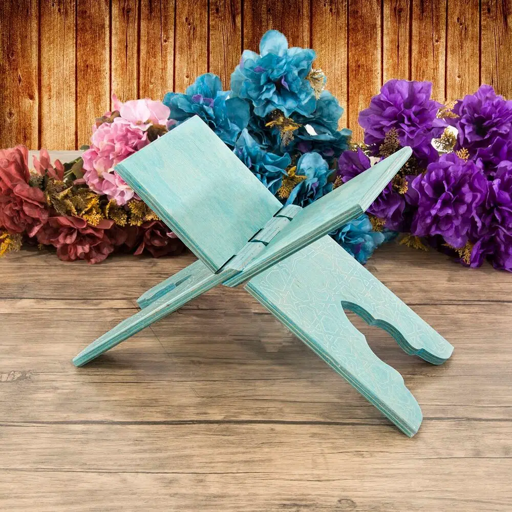 Çocuk Boy Ahşap Kitaplık ve Kuran Alıştırma Rahlesi 35*17 cm Rumi Desenli Mavi