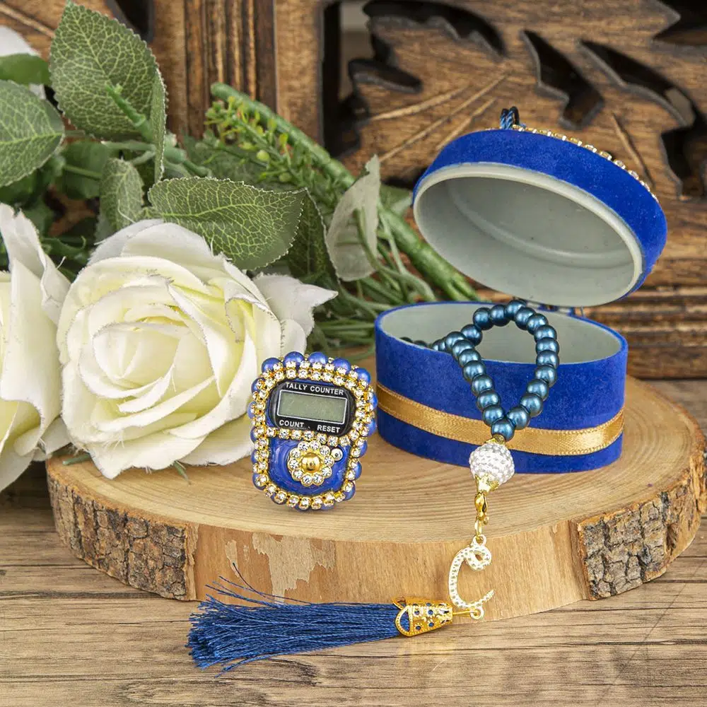 هدية عيد الأ�  فاخر عداد ذكر رق� ي و � سبحة لؤلؤية,بيضاوي بعلبة, � غطى بفلوك, ب� رآة � ع بليكسي- أزرق 7*5 cm 70 غ