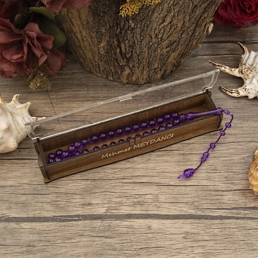 Special Father's Gift 33-Bead Prayer Beads (Tesbih) in Personalized Wooden Box - Purple