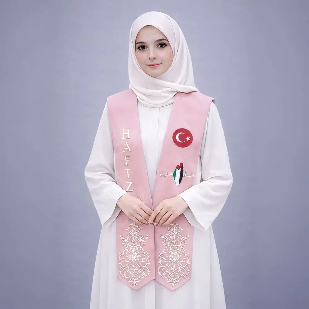 Bayan Hafızlık İcazet Merasimi Çocuk Ferace Abaya Krem Renk Elbise + Pembe Atkı