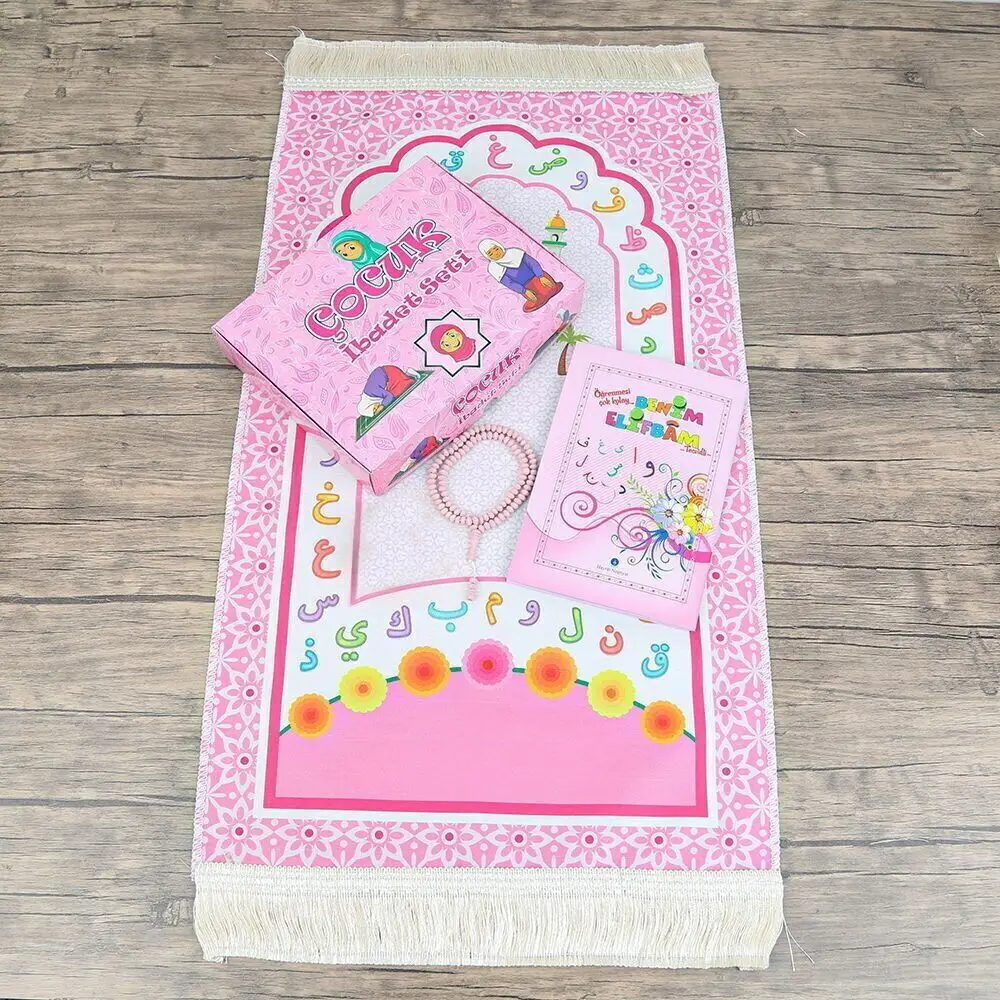 سجادة صلاة للأطفال و تعلي� ي كتاب صلاة طق�  - وردي 45x82 cm - 110 gr - سبحة Included