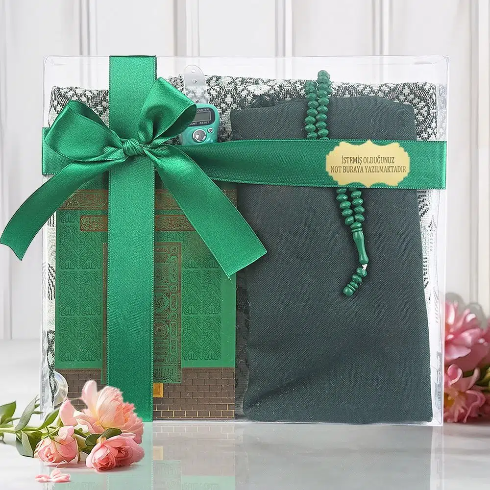 Ekonomik Çanta Boy Yasin, Seccade, Pamuklu Şal, Tesbih, Zikirmatik, Süslemeli Asetat Kutulu (23*26 cm -475gr)-Yeşil