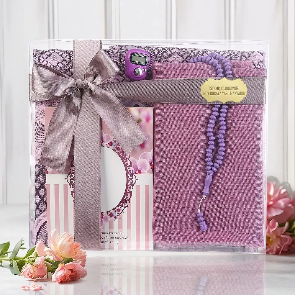 Ekonomik Çanta Boy Yasin, Seccade, Tesbih, Zikirmatik, Süslemeli Asetat Kutulu (23*26 cm -475gr)-Gül Kurusu