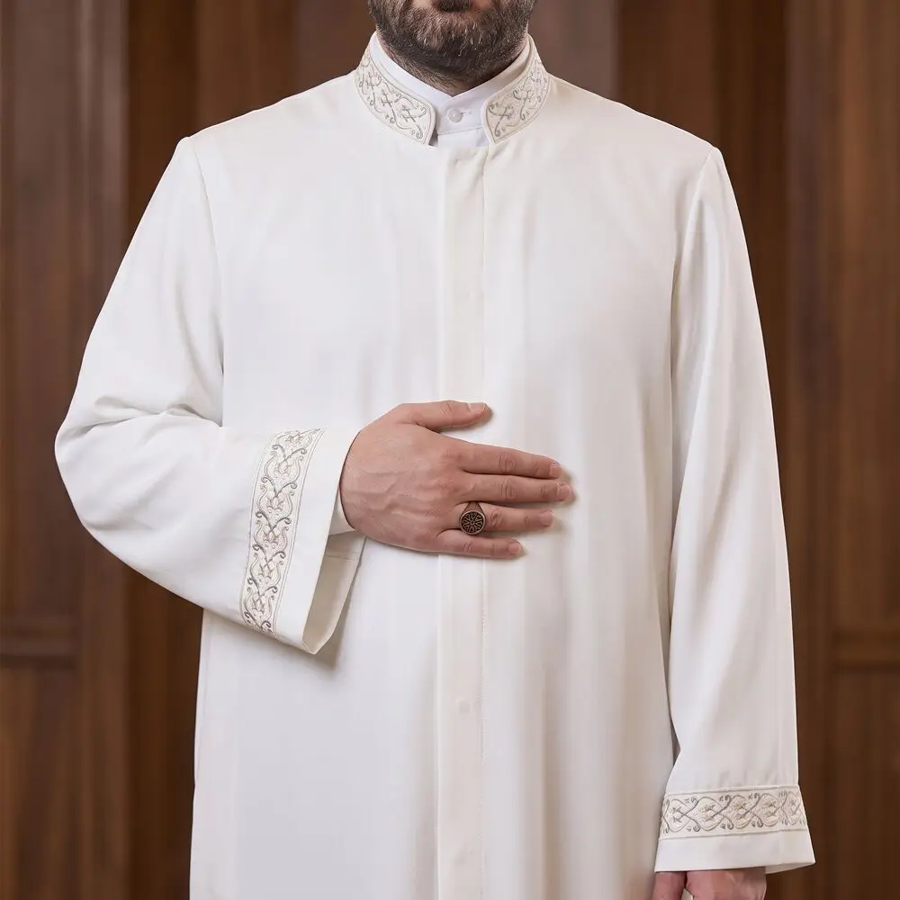Furkan İmam Cübbesi Açık Krem - Kol ve Yaka Nakışlı Model