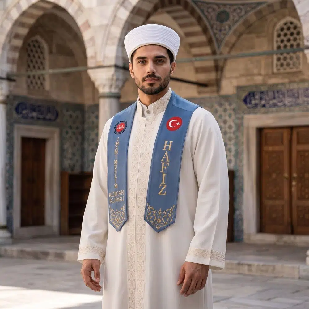 Hafızlık İcazet Atkısı Türk-Diyanet Logo İşlemeli Kursa Özel Gold Nakışlı-İndigo