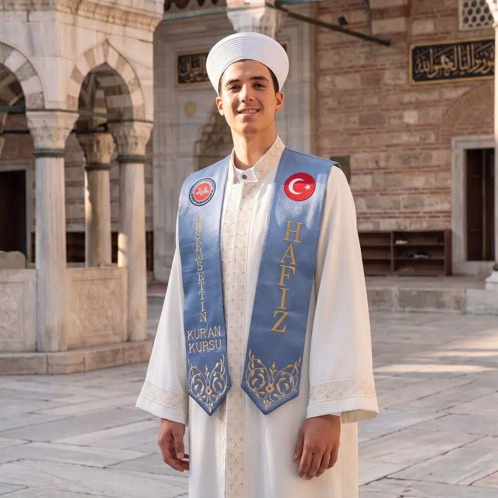 Hafızlık İcazet Atkısı Türk-Diyanet Logo İşlemeli Kursa Özel Gold Nakışlı-İndigo