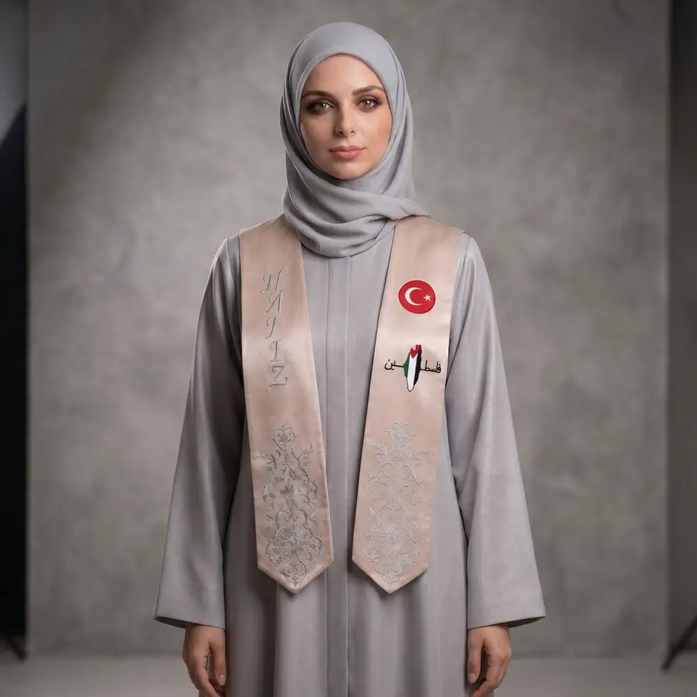 Hafızlık İcazet Atkısı Türk Filistin Logo İşlemeli Gümüş Nakışlı Atkı-Vizon