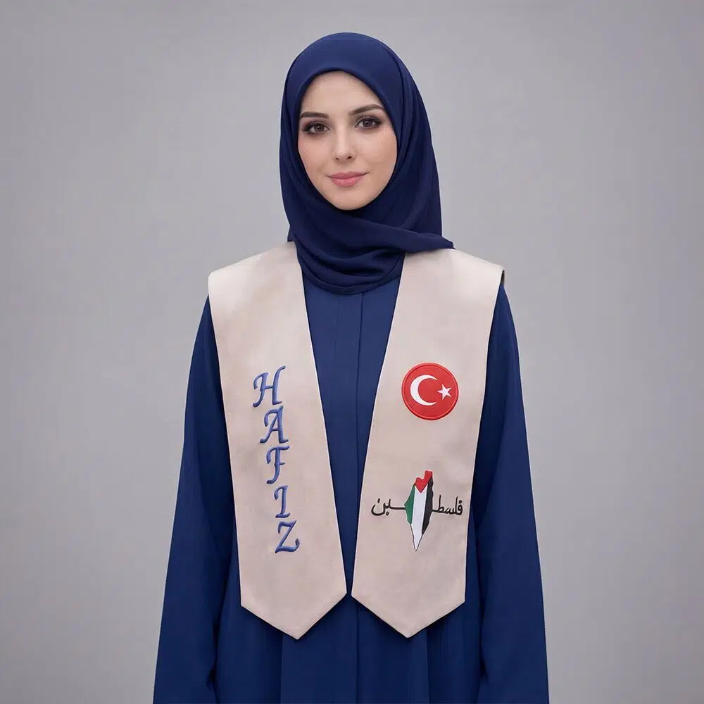 Hafızlık İcazet Merasim Atkısı Filistin,Türkiye Bayrak İşlemeli Nakışsız-Vizon