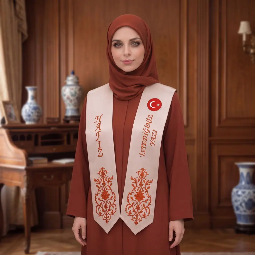 Hafızlık İcazet Merasim Atkısı Türk Bayraklı-İsme Özel Kremit Nakışlı-Vizon