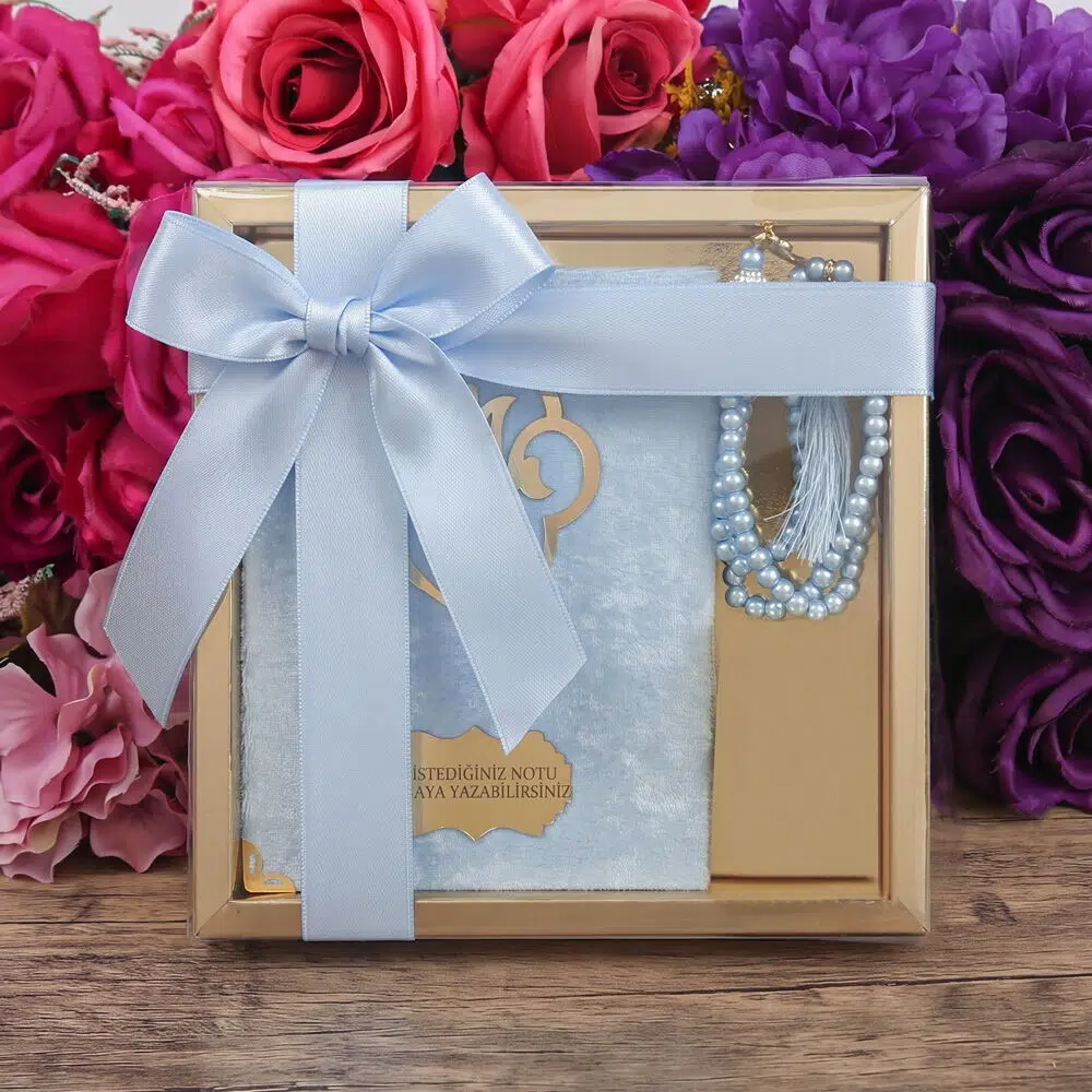 Hediyelik Kadife Kaplı Yasin (Çanta Boy), İnci Tesbih ,Gold Asetat Kutulu (20×20) Mevlid Paketi-Mavi