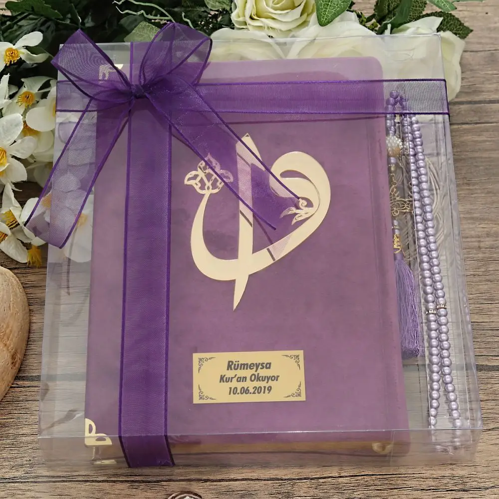 Hediyelik Kadife Kur'an-ı Kerim, İnci Tesbih, Asetat Kutulu (25×18) Mevlid Paketi