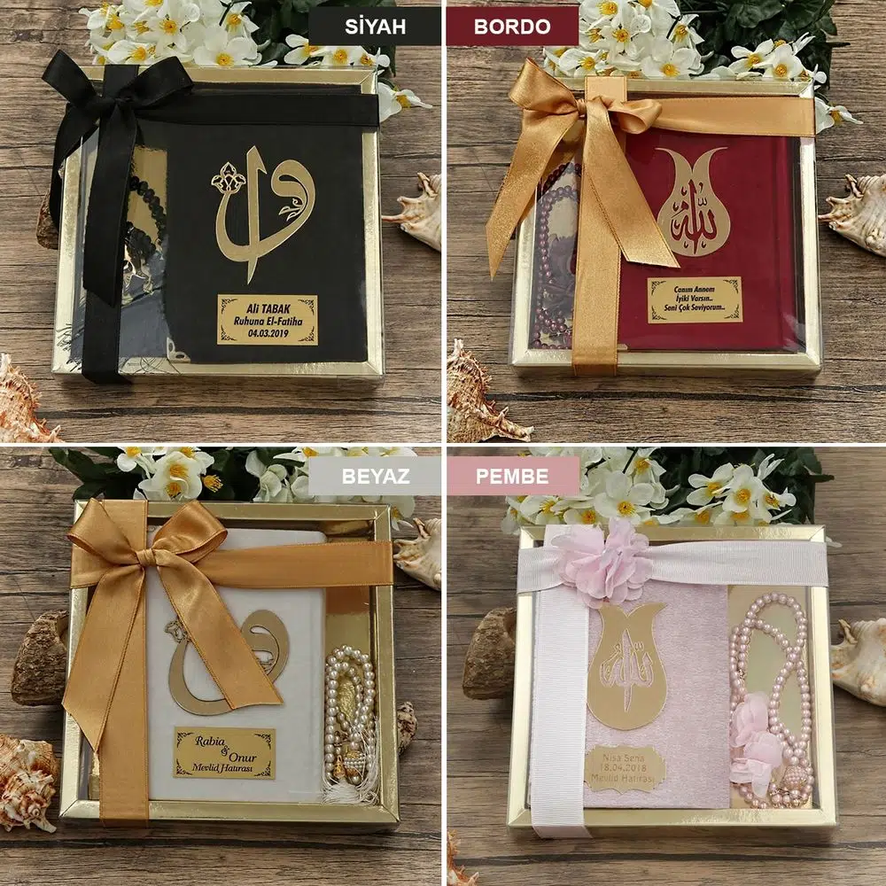Hediyelik Kadife Kur'an-ı Kerim, İnci Tesbih, Gold Asetat Kutulu (20×20) Dini Set - M676-BORDO
