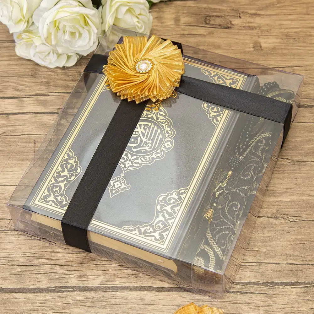 Gift Quran-ı Kerim, Pearl Prayer Beads, Prayer Rug, in Acetate Box(25X18 cm) Mawlid Paketi-Black