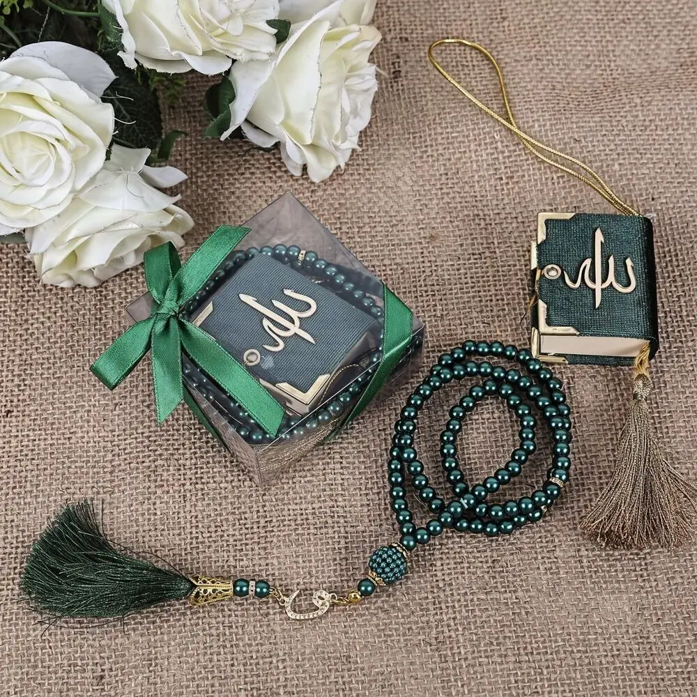 Hediyelik Mini Kuran, İnci Tesbihli Kare Kutulu Set-Yeşil