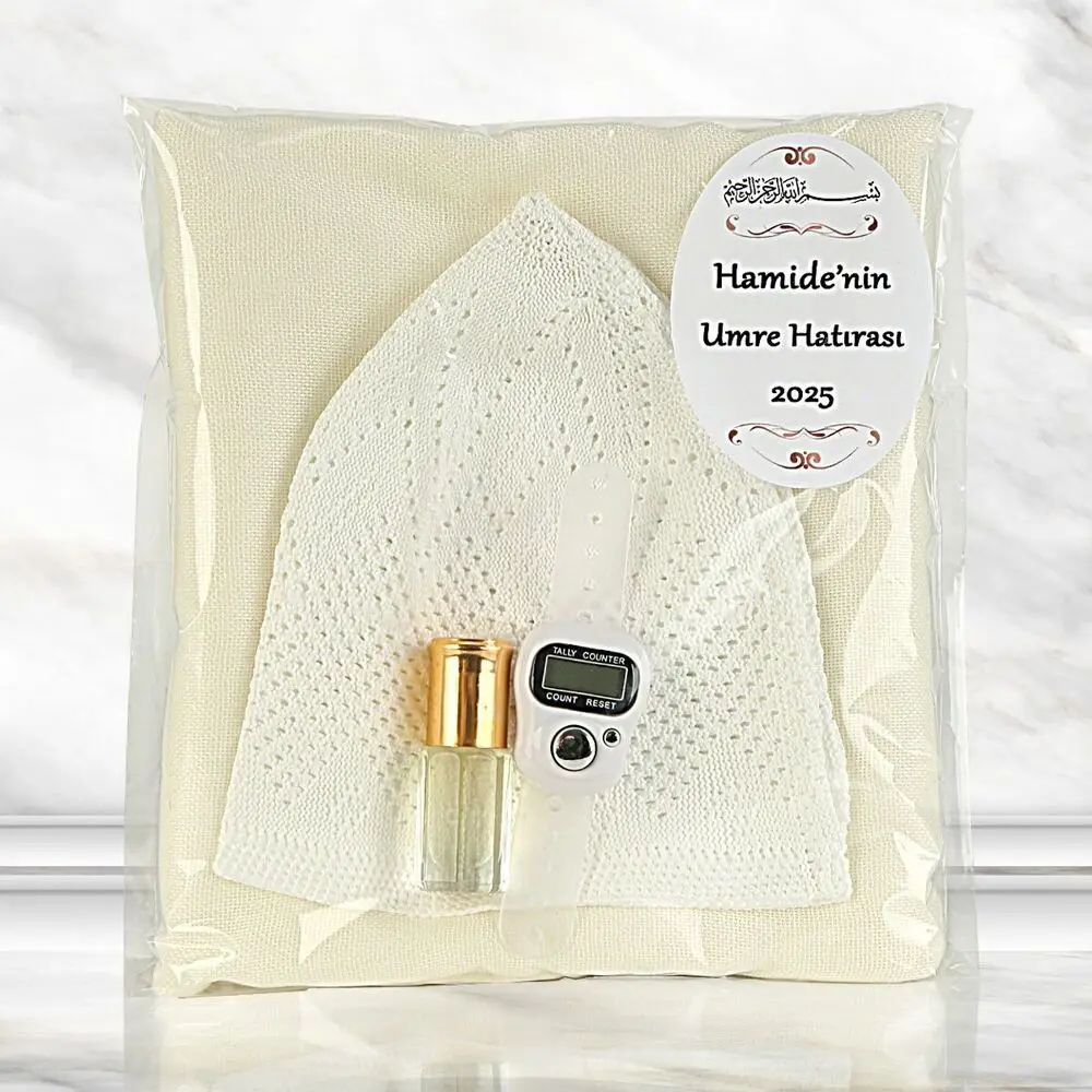 Hediyelik Umre paketi Krem Pamuklu Şal, Lüks Rabia Takke, Zikirmatik, Alkolsüz Esans 3 ml-167 gr