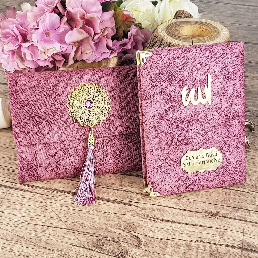 Yasin Kitabı Lüks Kadife Kumaş Çantalı (Çanta Boy 12×16, 128 Sayfa) Pembe