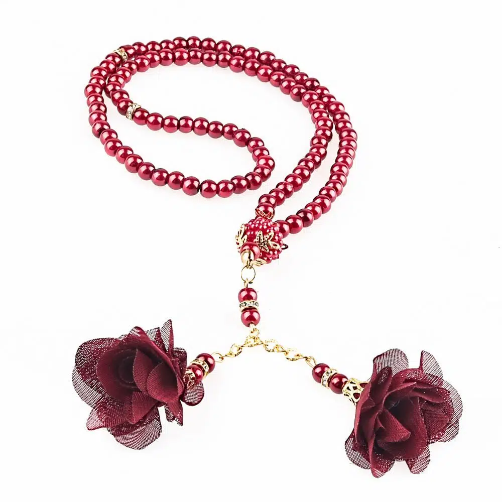 10 Pieces Pearl Prayer Beads (Tesbih) with Rose Detail - Burgundy
