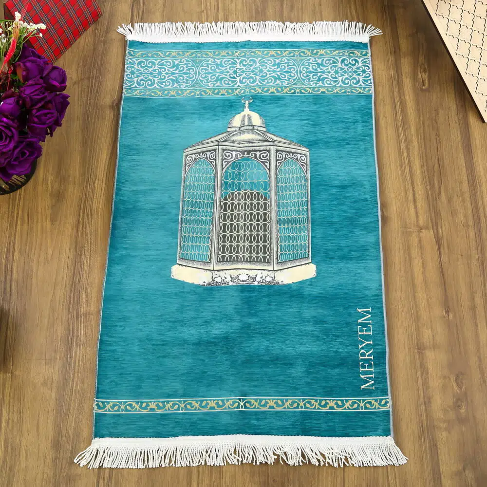 İsimli Makam-ı İbrahim Lüks Şönil Seccade Turkuaz (70x126cm) 240 gr