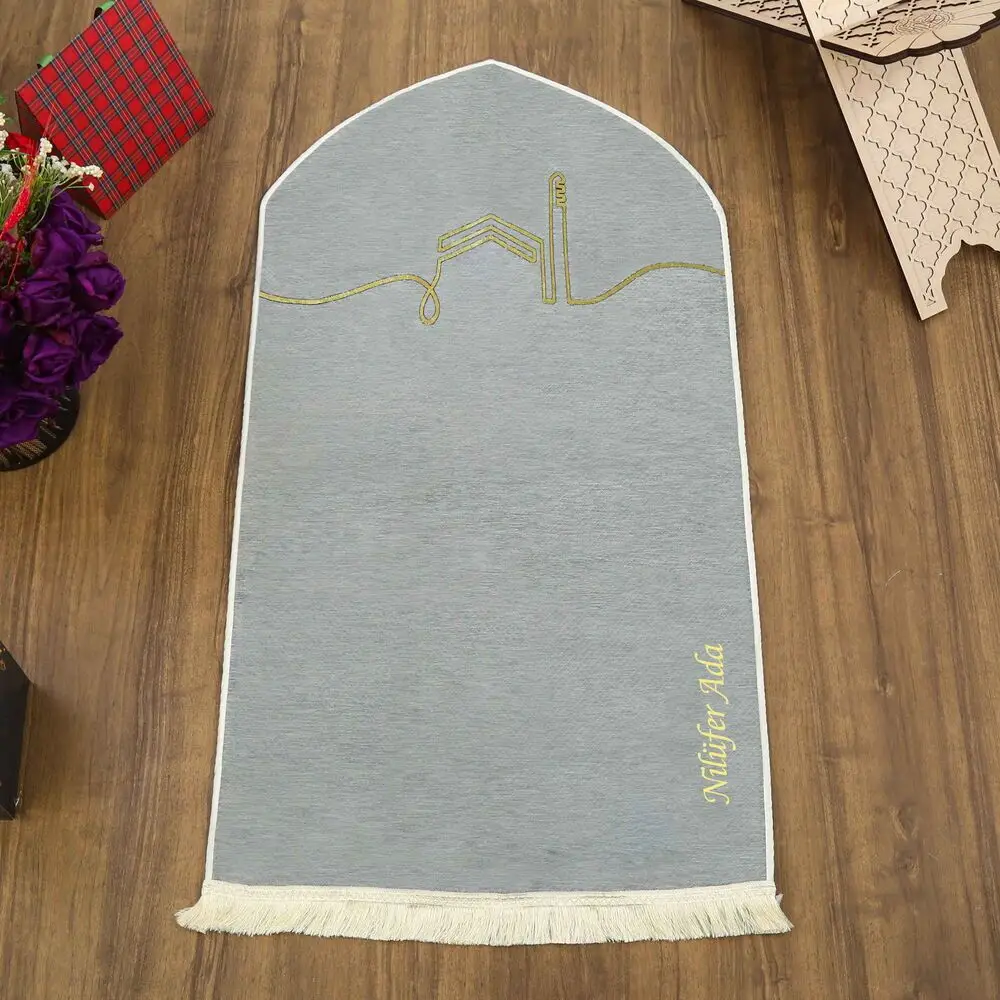 İsme Özel El Kuba Lüks Astarlı Biyeli Seccade-Gri (66X125cm) 565 gr