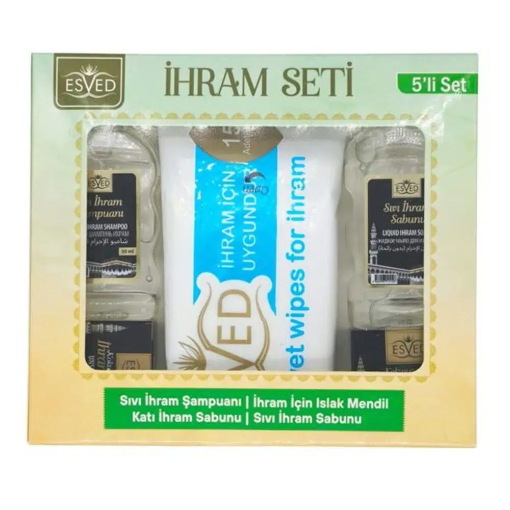 Kokusuz İhram Seti 5li , İhram Sıvı Sabunu, İhram Şampuan, İhram Katı Sabun, İhram Islak Mendil (210 gr)