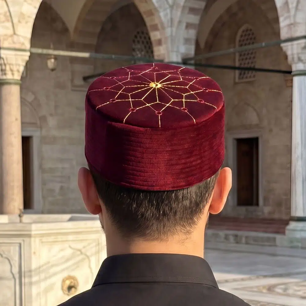 Lüks Kadife Keçeli Takke Nakışlı Bordo