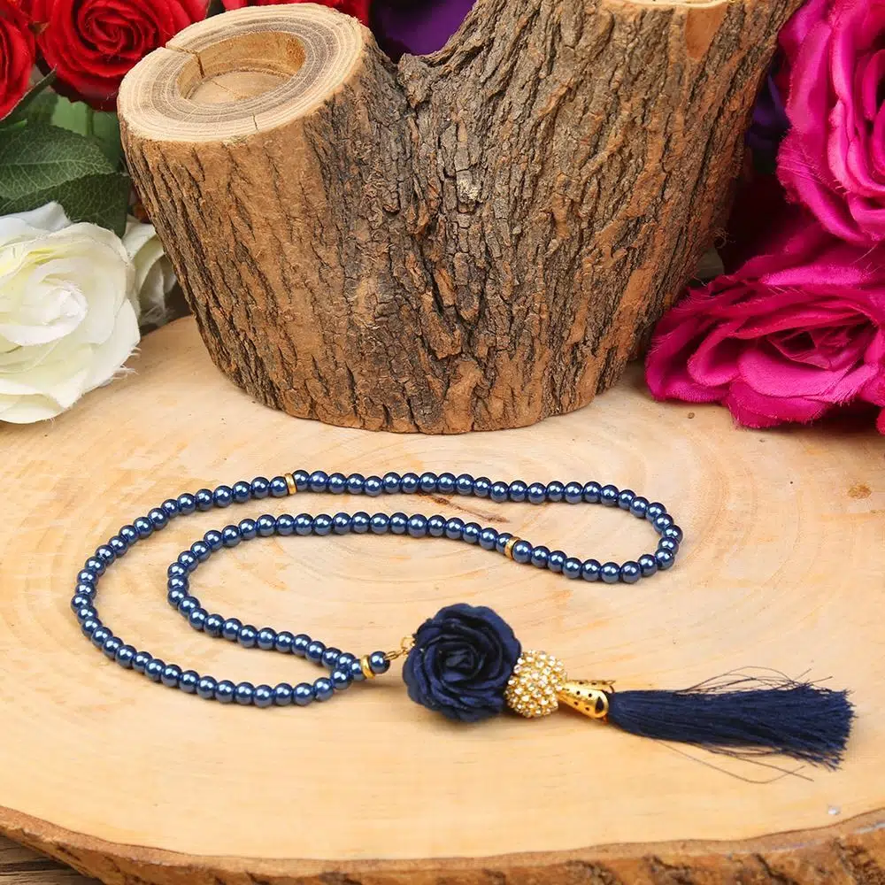 Luxury Taş Topuzlu Güllü Pearl Prayer Beads Navy Blue 6 mm