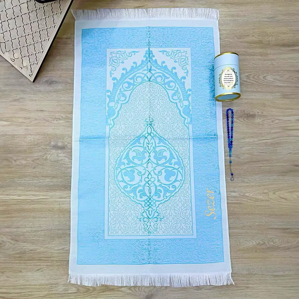 هدية � خصص نور حريري تفتة سجادة صلاة (69×115) تركواز, � سبحة 33 حبة, كيليندير طق� 