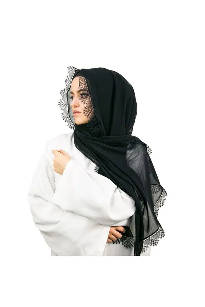 Black Hand-Crocheted Lace Edge Shawl