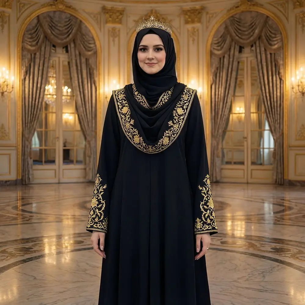 Suavi Bayan Hafızlık İcazet Merasimi Ferace Abaya Siyah Gold Nakışlı Elbise