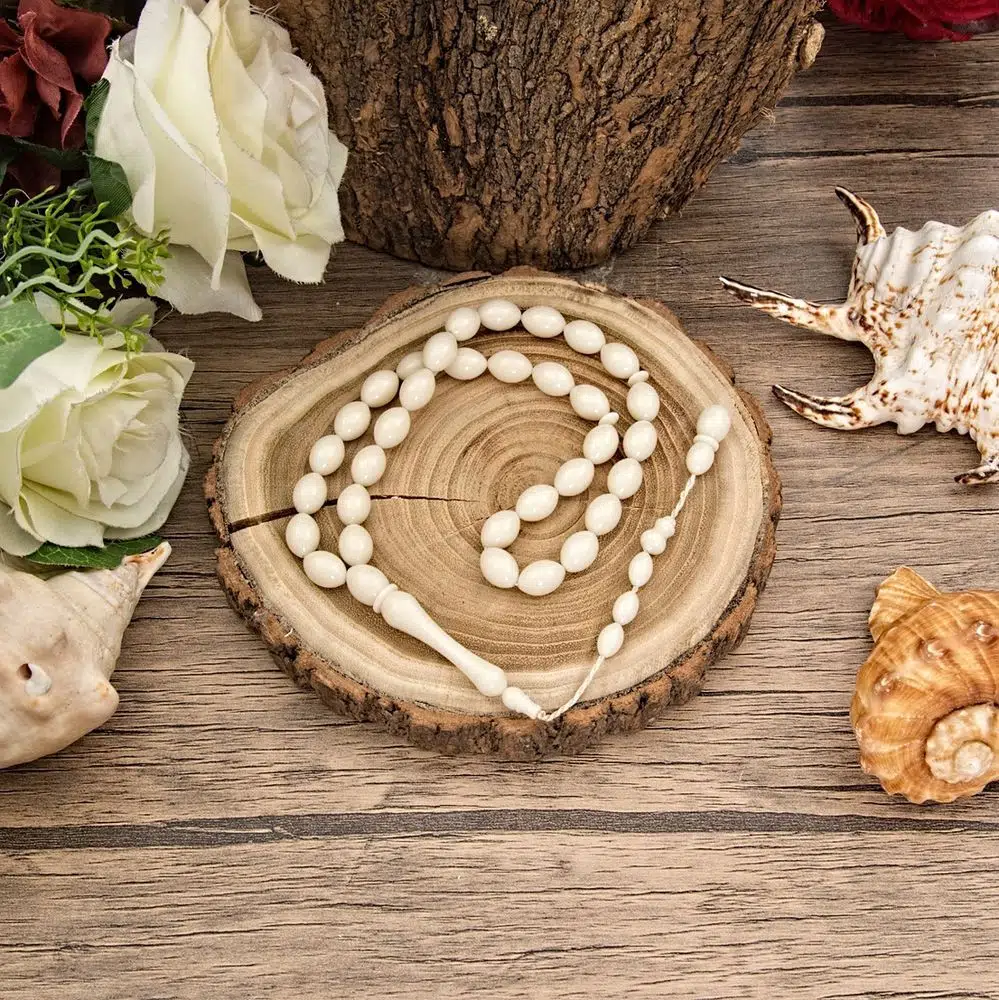 33-Bead Men's Prayer Beads (Tesbih) Barley Cut Bone Color 7 mm with Self Tassel