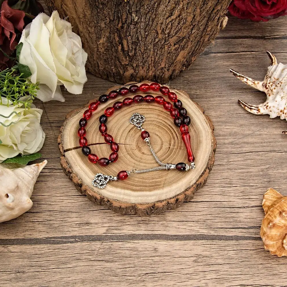33-Bead Men's Prayer Beads (Tesbih) Barley Cut Fire Red 7 mm with Single Metal Tassel