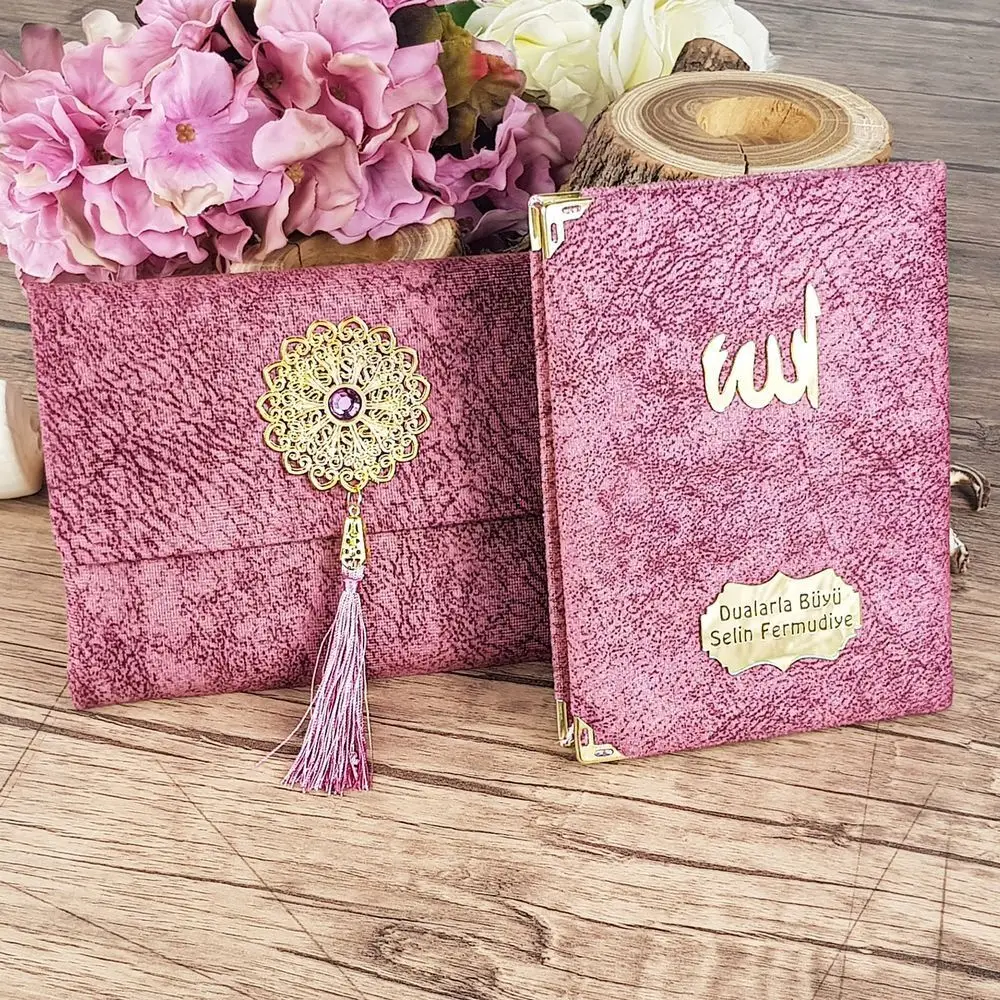 Yasin Kitabı Lüks Kadife Kumaş Çantalı (Çanta Boy 12×16, 128 Sayfa) Pembe
